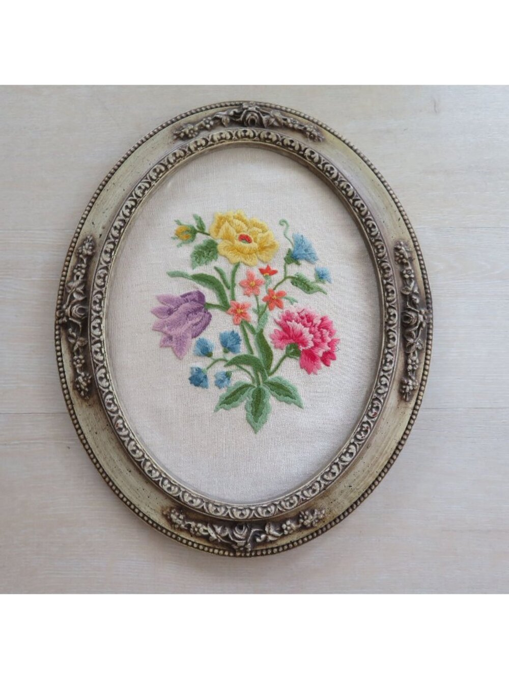 Vintage Oval Floral Embroidery Wall Art with Ornate Gold Frame 17" X 14"
